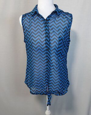 Wishful Park Womens Sheer Blouse Blue Black Chevron Tie front Size Small